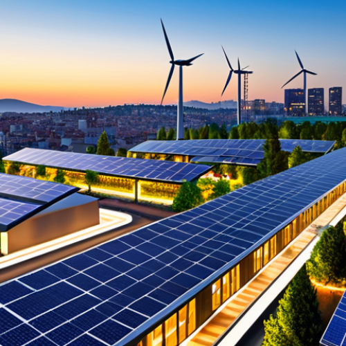A vibrant, modern city skyline at dusk, infused with the subtle glow of an advanced smart grid system. Rooftops are adorned with solar panels, and wind turbines gently turn on the horizon, seamlessly integrated into the urban landscape. Electric vehicles charge at smart stations along tree-lined streets. Data streams visually connect buildings and energy sources, representing real-time energy flow and efficiency. The architecture is contemporary, hinting at a bustling metropolis in Turkey. fully clothed, modest clothing, appropriate attire, professional dress, safe for work, appropriate content, perfect anatomy, correct proportions, natural pose, well-formed hands, proper finger count, natural body proportions, professional photography, high quality, family-friendly.