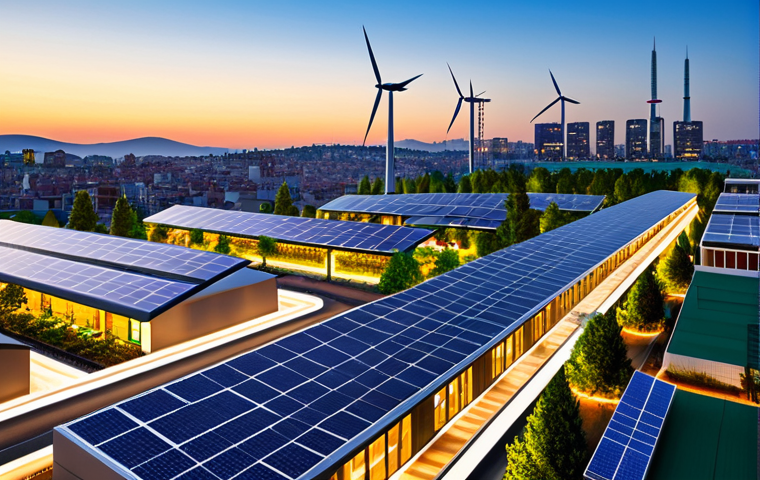 A vibrant, modern city skyline at dusk, infused with the subtle glow of an advanced smart grid system. Rooftops are adorned with solar panels, and wind turbines gently turn on the horizon, seamlessly integrated into the urban landscape. Electric vehicles charge at smart stations along tree-lined streets. Data streams visually connect buildings and energy sources, representing real-time energy flow and efficiency. The architecture is contemporary, hinting at a bustling metropolis in Turkey. fully clothed, modest clothing, appropriate attire, professional dress, safe for work, appropriate content, perfect anatomy, correct proportions, natural pose, well-formed hands, proper finger count, natural body proportions, professional photography, high quality, family-friendly.